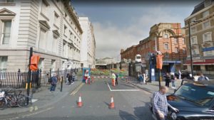 Computer generated image of the entrance to Paddington Station with a KarabloK hostile vehicle mitigation barrier - planted with flowers - protecting it